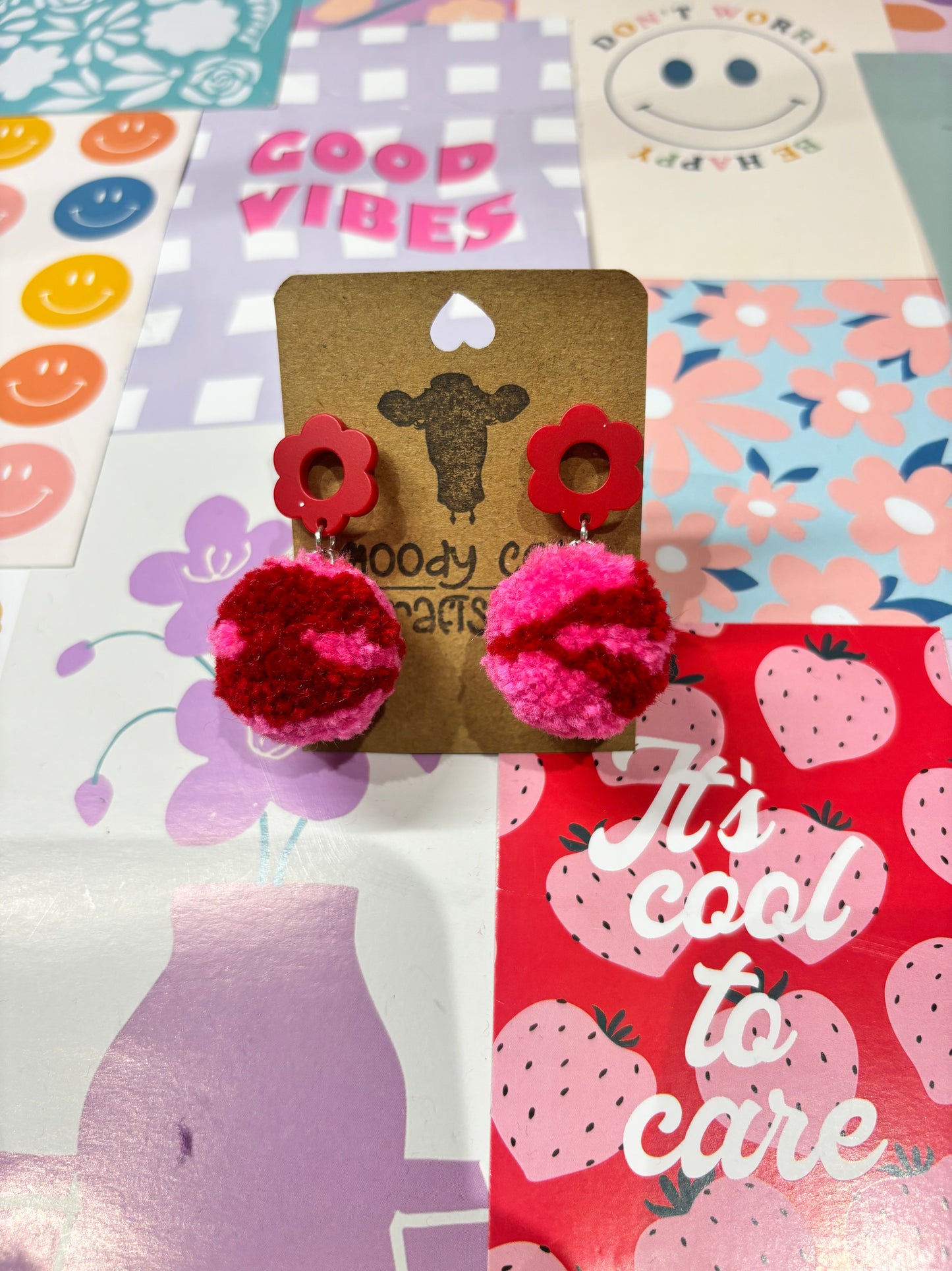 Pink and Red Wave Pom Pom Earrings