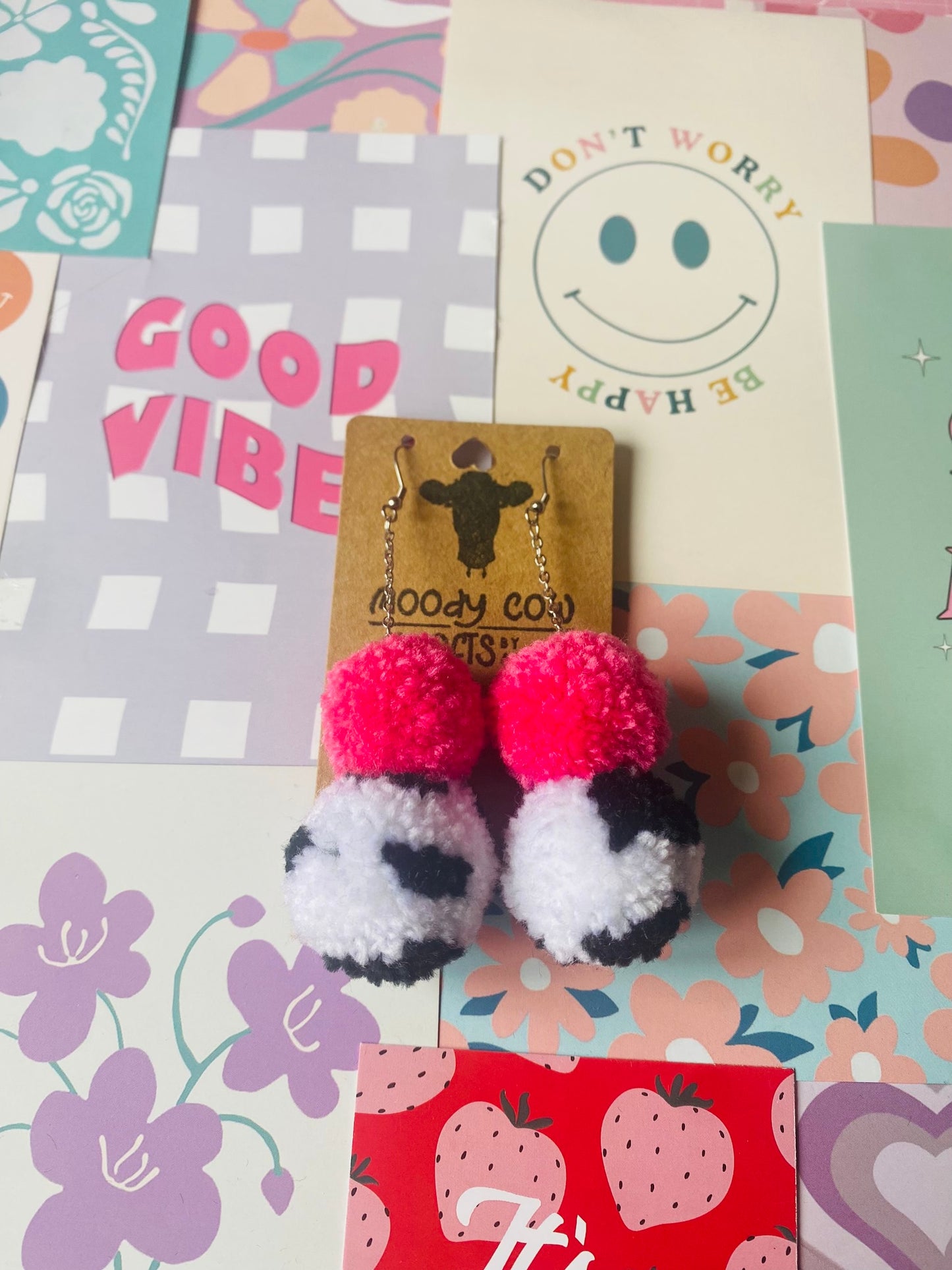 Pink and Cow Print Pom Pom Stack Earrings