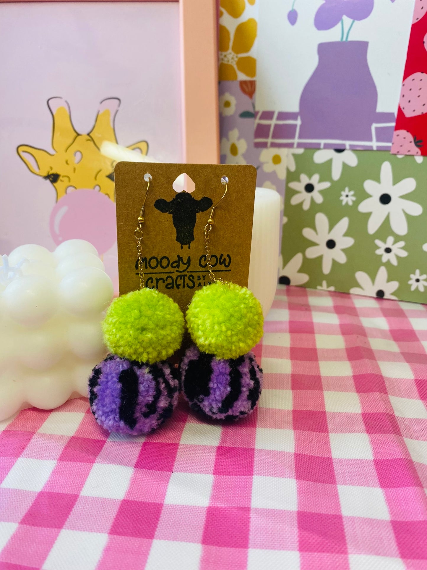 Purple Zebra Print and Green Pom Pom Stack Earrings