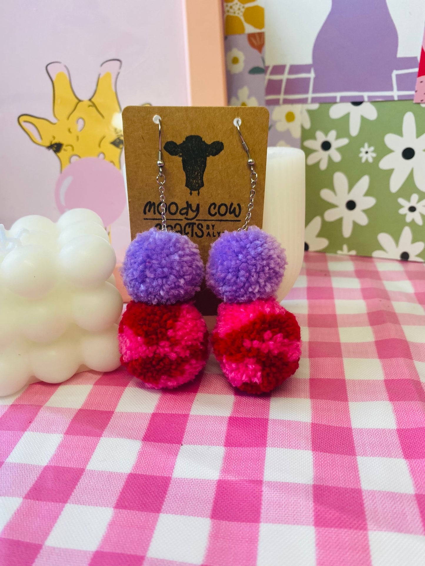 Pink, Red and Lilac Pom Pom Earrings