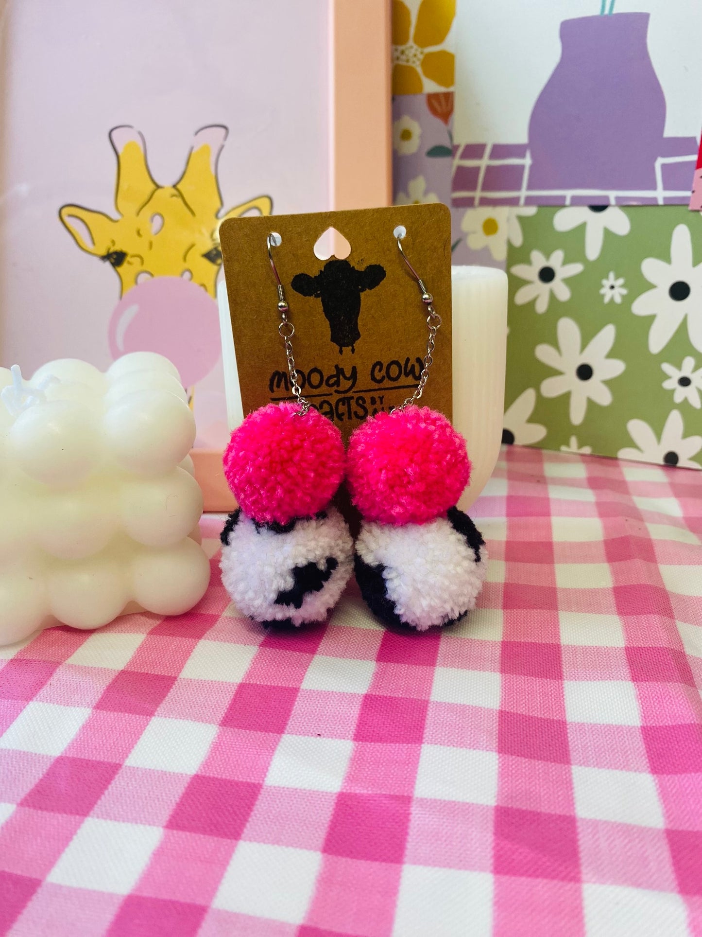 Pink and Cow Print Pom Pom Stack Earrings
