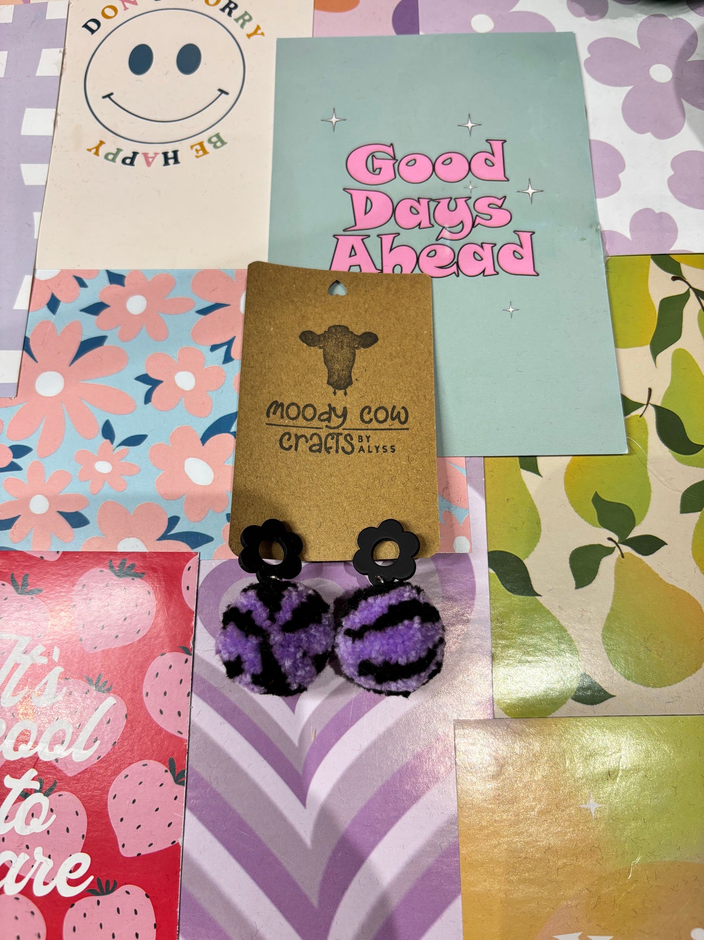 Black and Purple Zebra Pom Pom Earrings