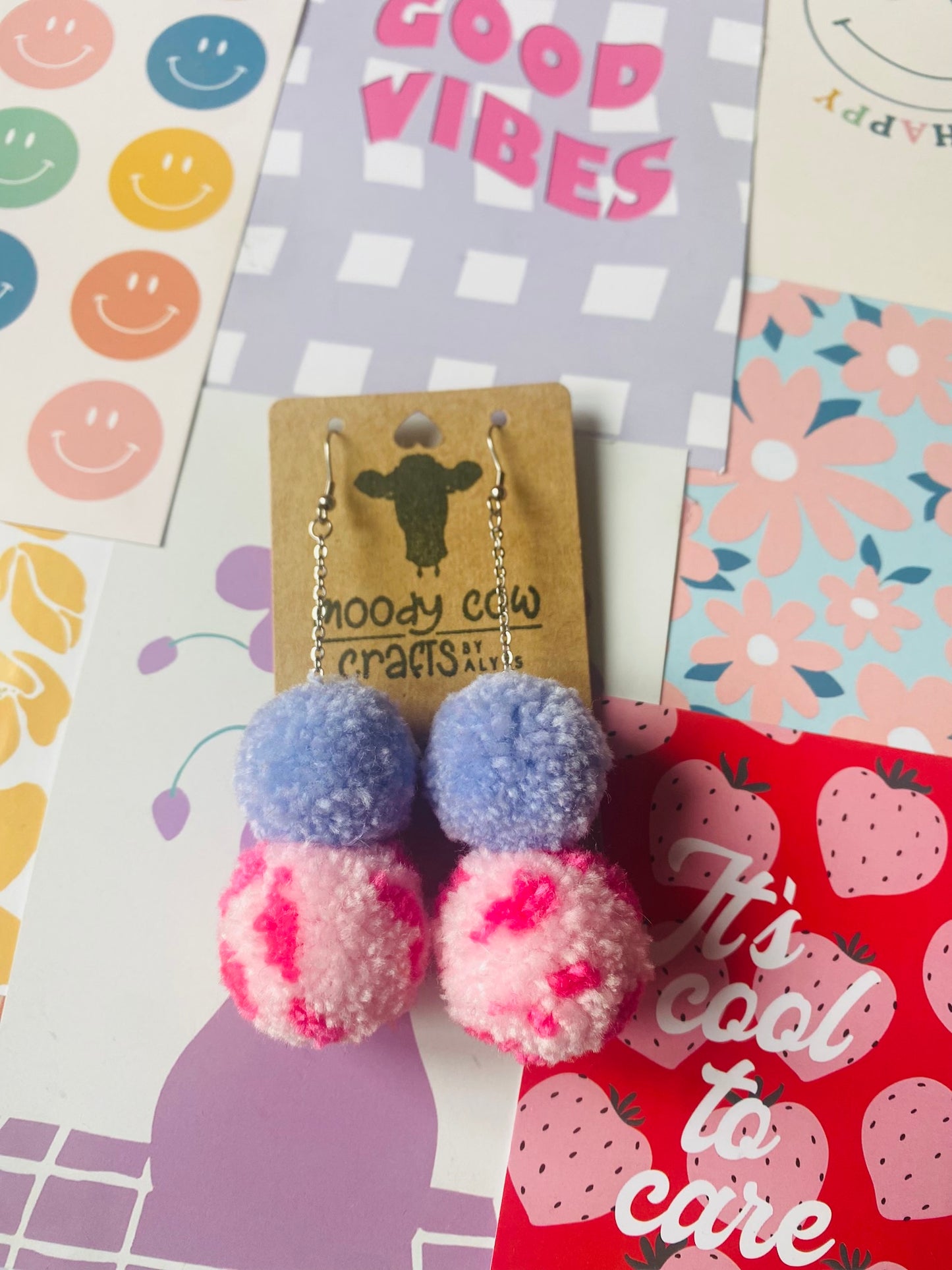 Lilac and Pink Dalmatian Pom Pom Earrings