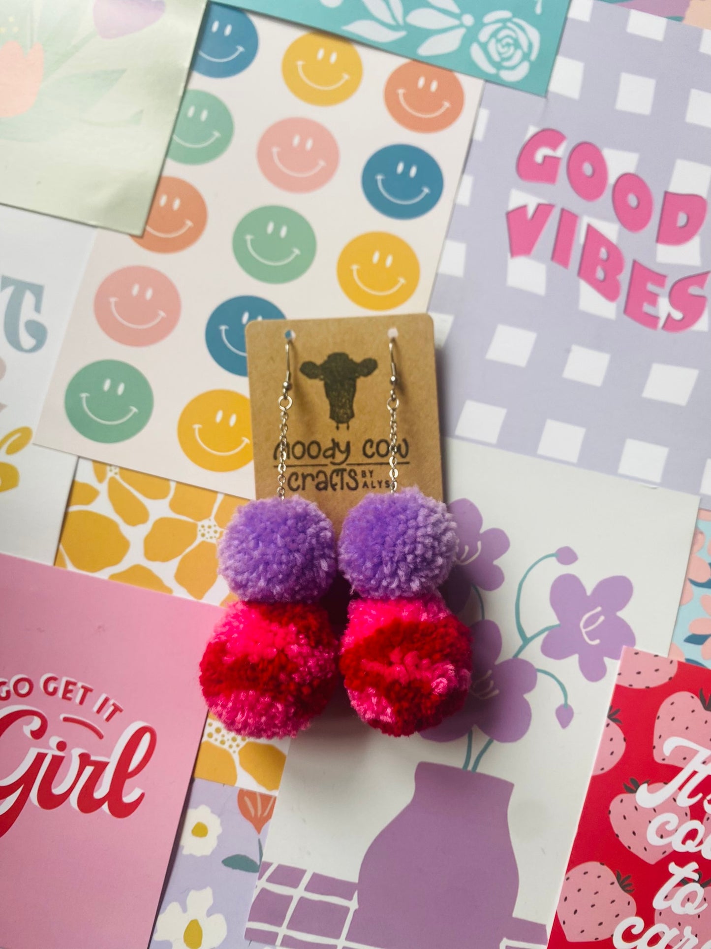 Pink, Red and Lilac Pom Pom Earrings