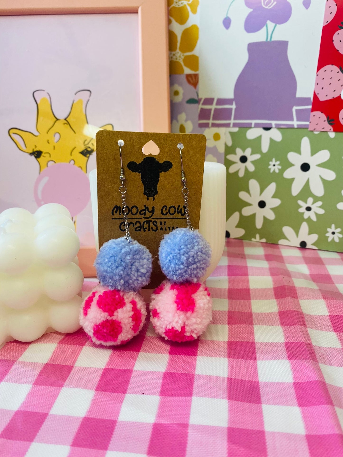 Lilac and Pink Dalmatian Pom Pom Earrings