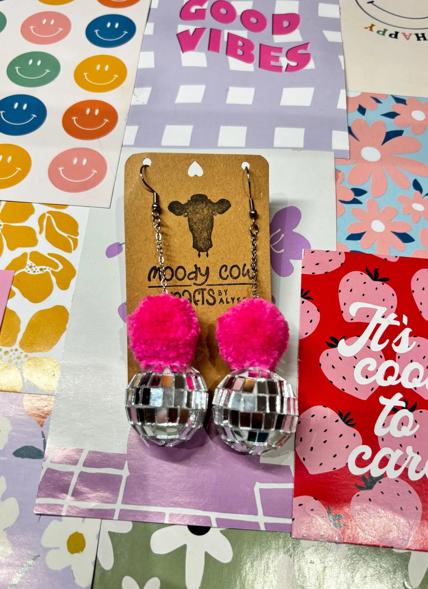 Pink Disco Ball Pom Pom Earrings