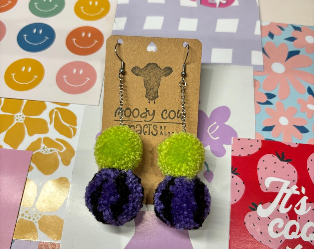 Purple Zebra Print and Green Pom Pom Stack Earrings
