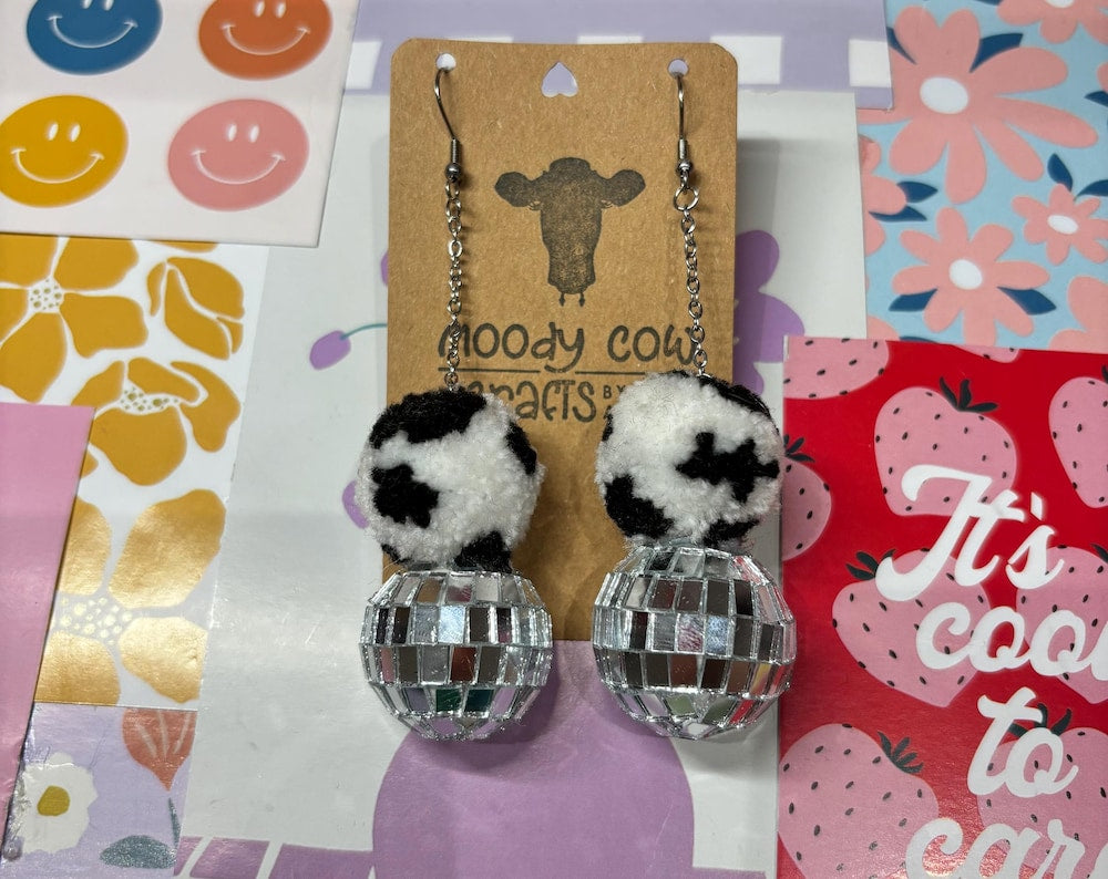 Cow Print Disco Ball Pom Pom Earrings